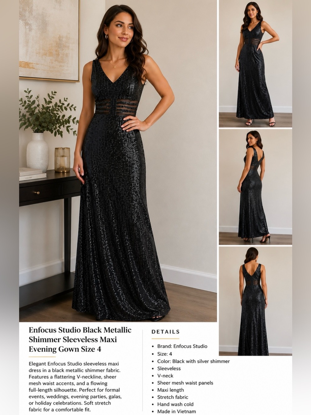 Enfocus Studio Black Metallic Shimmer Sleeveless Maxi Evening Gown Size 4